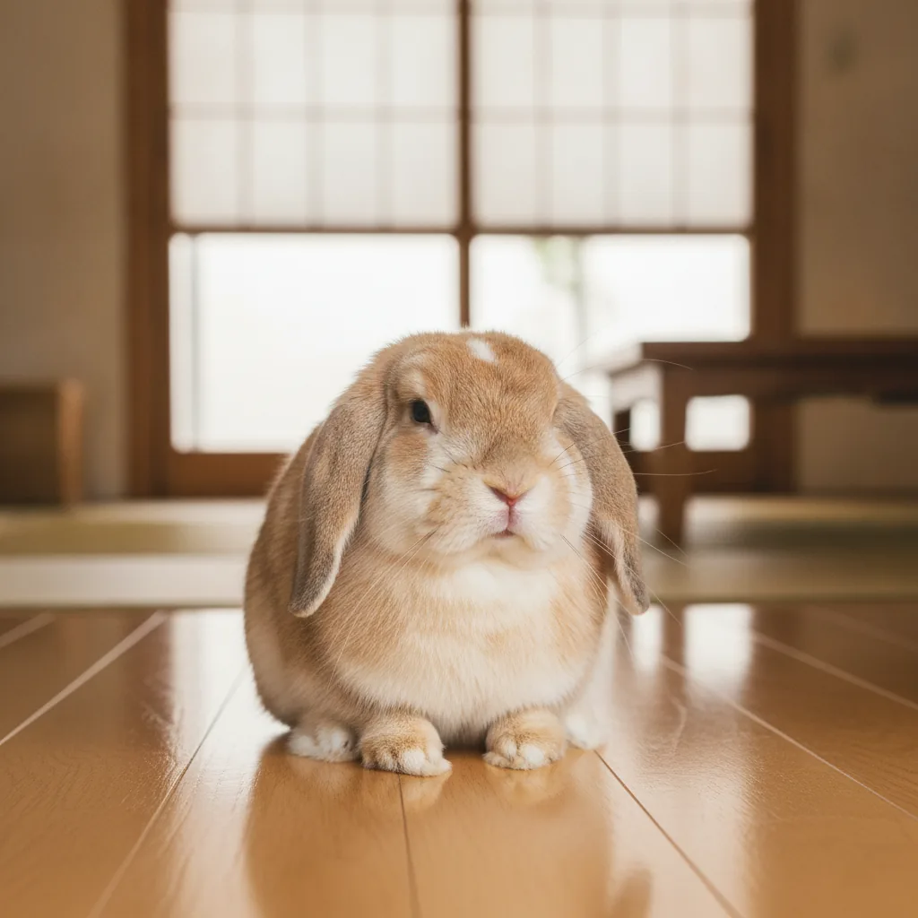 長いたれ耳と丸く平たい顔が特徴のホーランドロップ