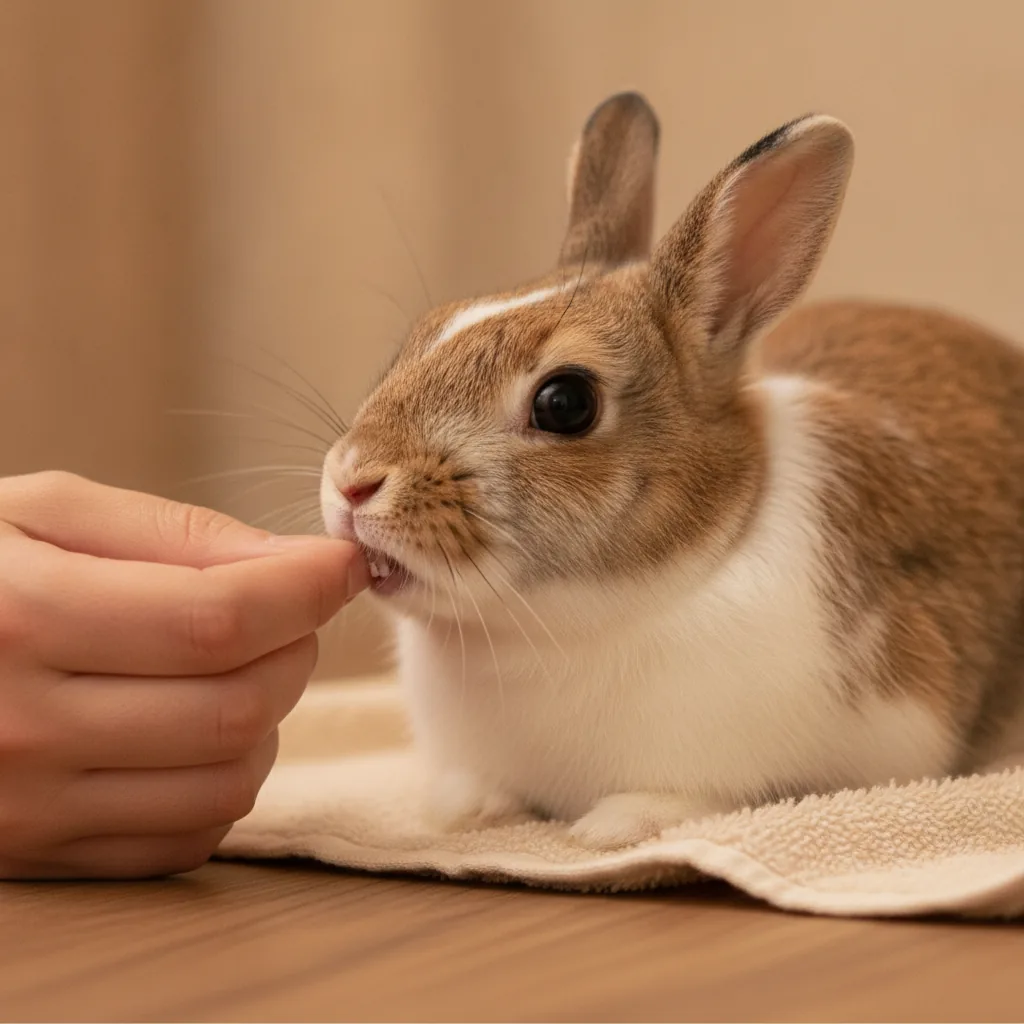 うさぎの口元にそっと触れて前歯を確認している