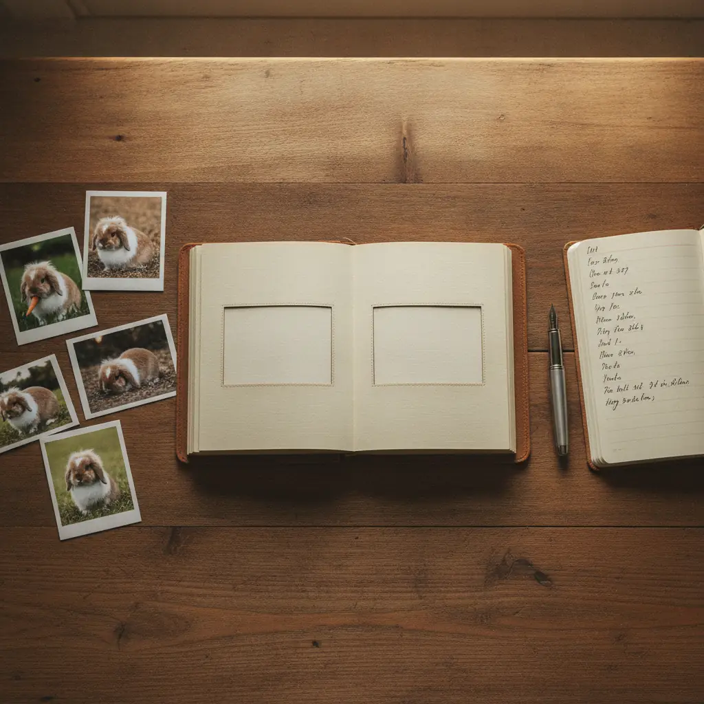 開いたフォトアルバムと、机に広げられたうさぎの写真、日付を書いたノート
