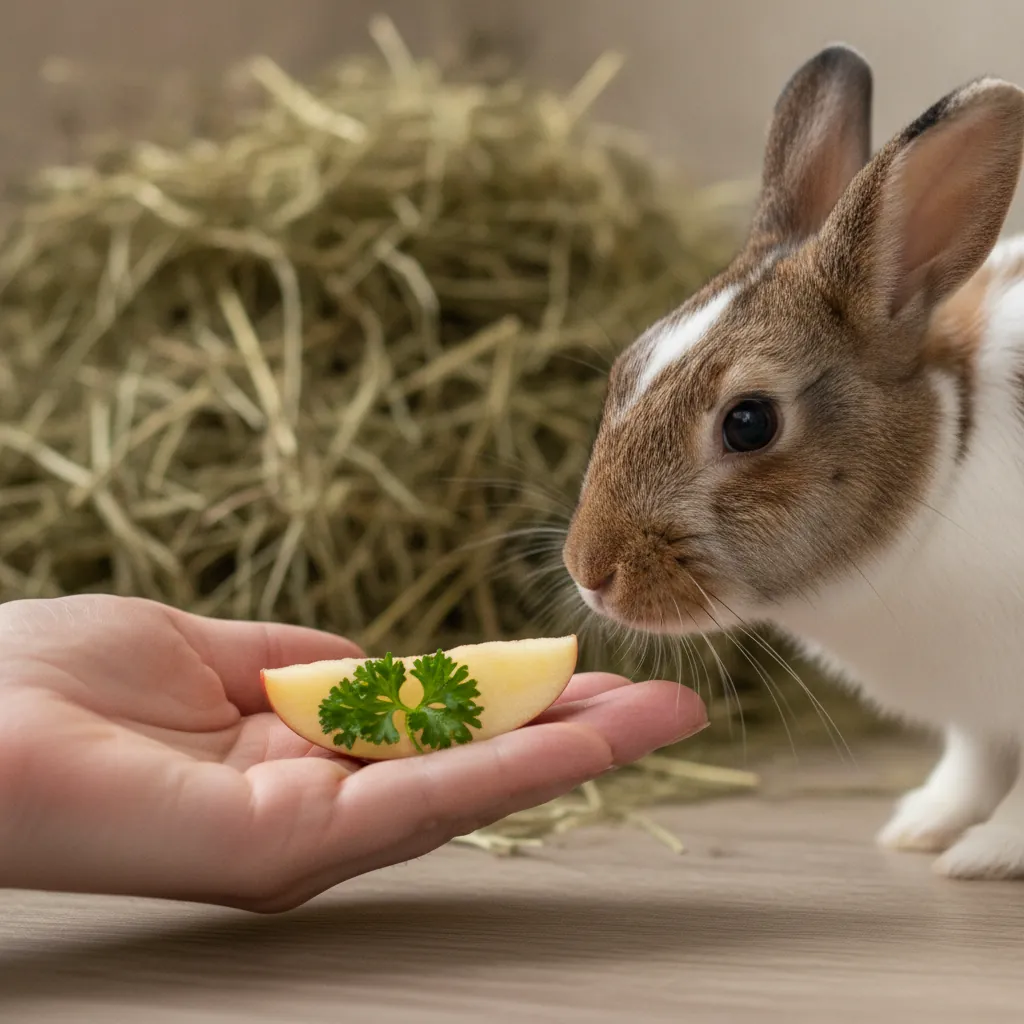 床の高さで差し出した手のひらの上のりんご一切れとパセリに、鼻を近づけるうさぎ