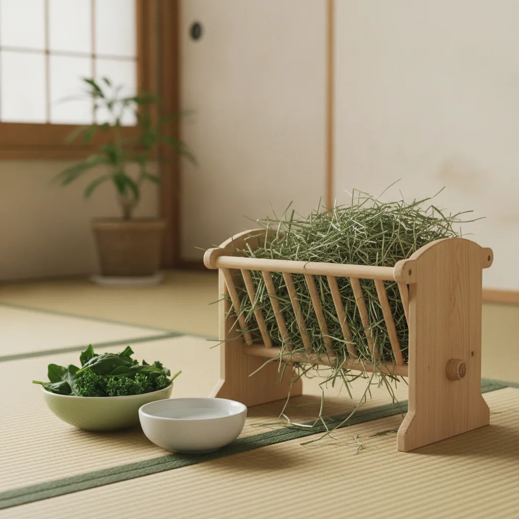 牧草がたっぷり入った牧草入れと、葉物野菜の小皿
