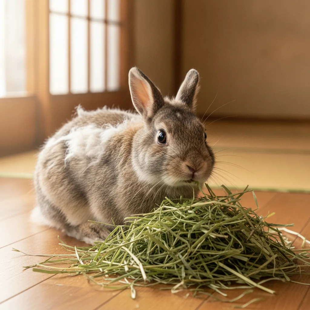 換毛中のうさぎがたっぷりの牧草を食べている様子