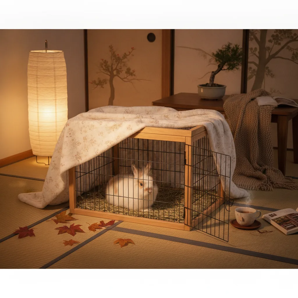 夜間、布のカバーを一部かけたうさぎのケージ