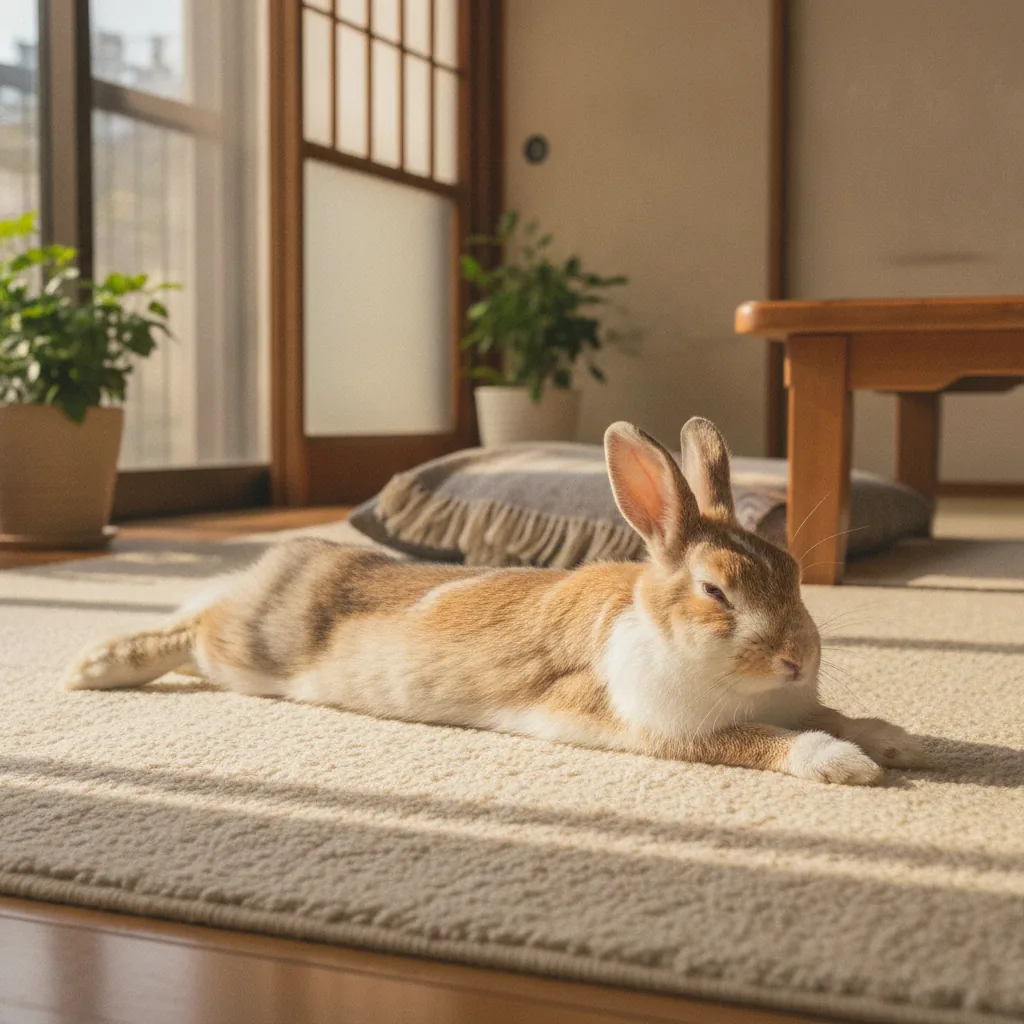 ラグの上で体を伸ばしてくつろいでいるうさぎ