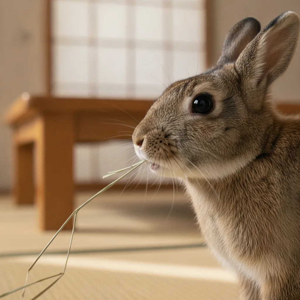 長い牧草の茎を横向きにくわえて噛んでいるうさぎ