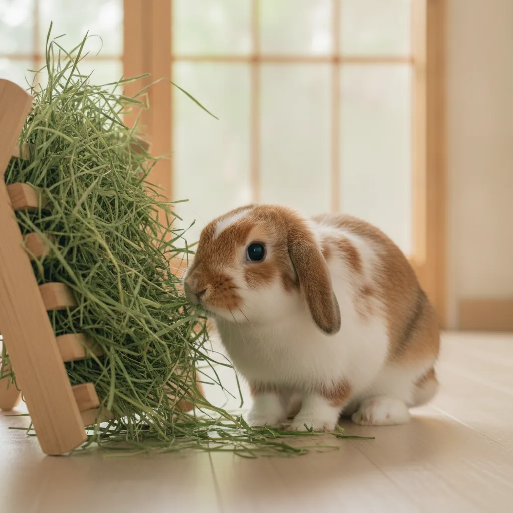 牧草入れに顔を突っ込んでチモシーを食べているうさぎ