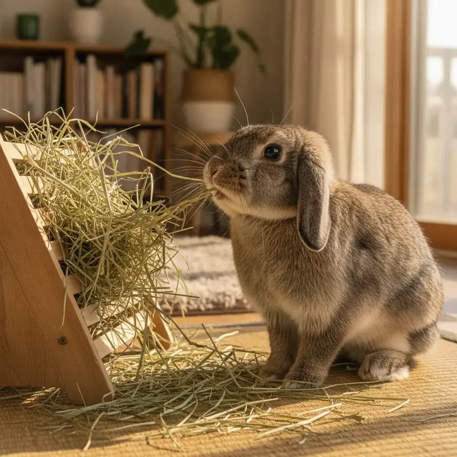 牧草ラックから長いチモシーを引き出して横向きにすりつぶしているうさぎ