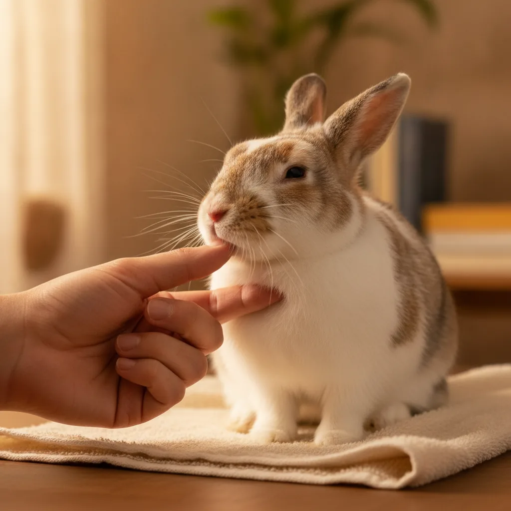 うさぎの顎の下をそっと指でなぞって確かめている