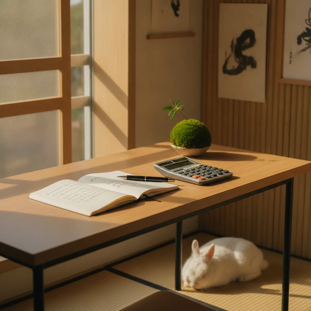 ノートと電卓が置かれた机と、そばでくつろぐうさぎ