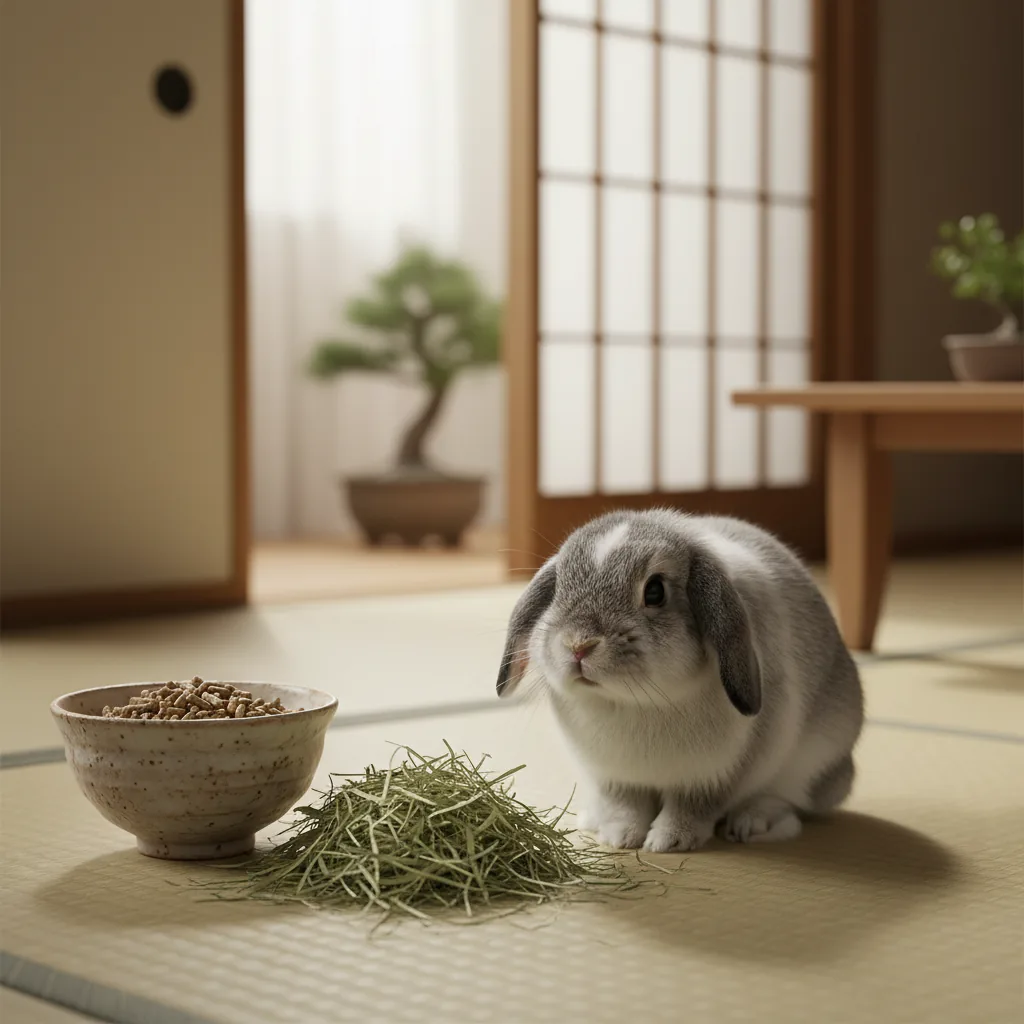 ほとんど手つかずのペレットと牧草の前でじっとしているうさぎ