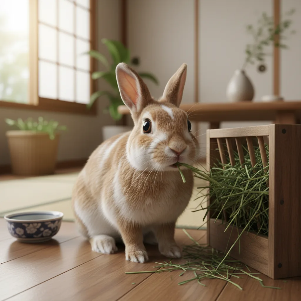 木製の牧草入れから牧草をおいしそうに食べているうさぎ