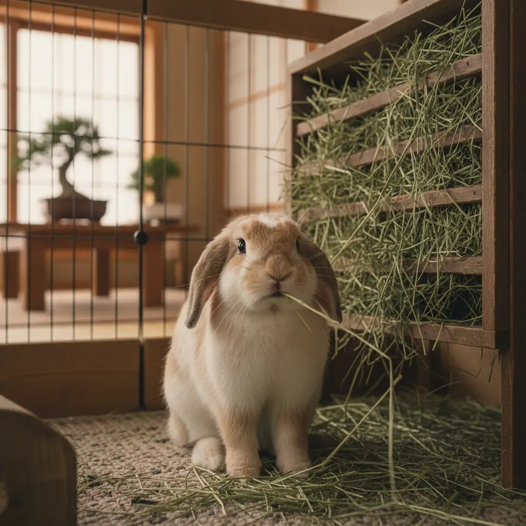 牧草ラックからチモシーを長いまま食べているホーランドロップ