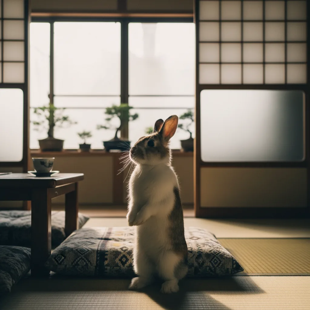 後ろ足で立って周囲を警戒しているうさぎ
