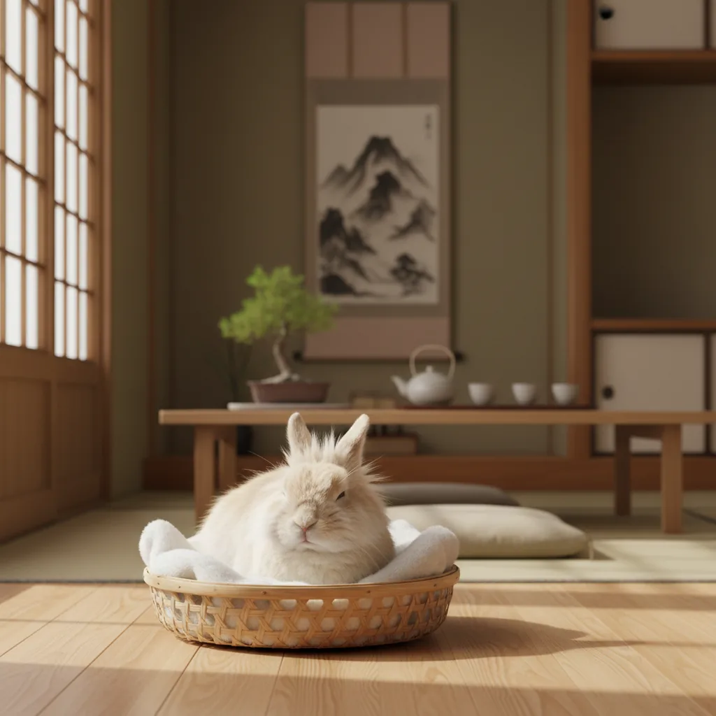 バスケットでくつろぎ安心した様子のうさぎ