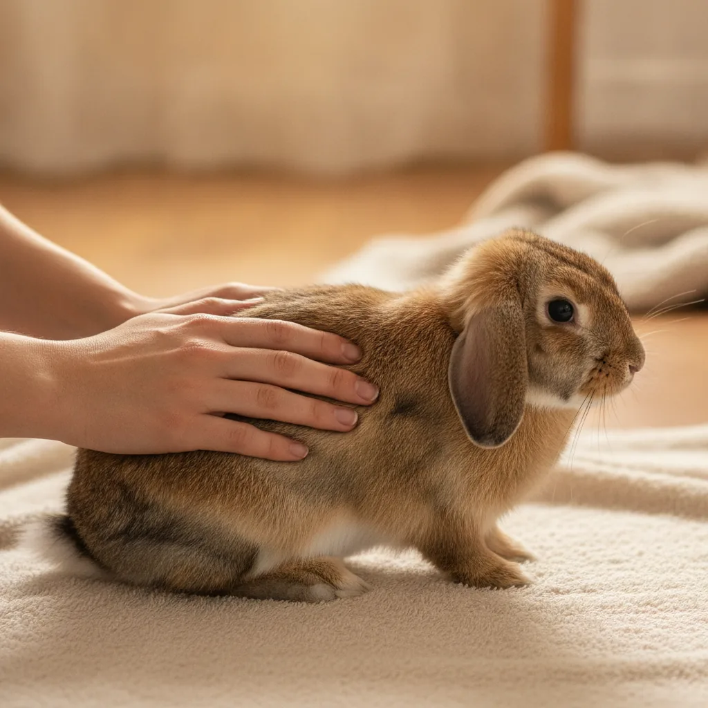 タオルの上のうさぎの背中にそっと手を当てている