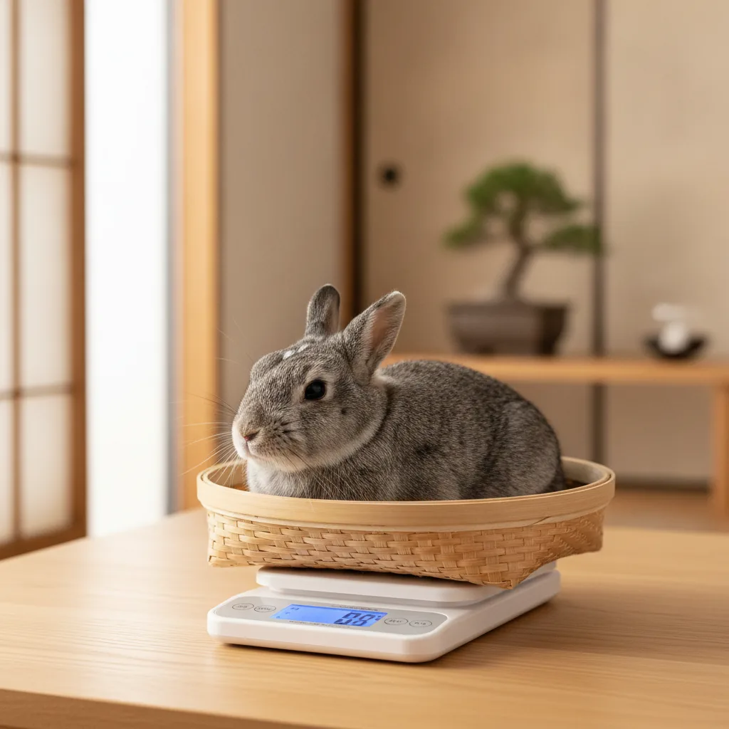 かごに入ったままキッチンスケールに乗っているうさぎ