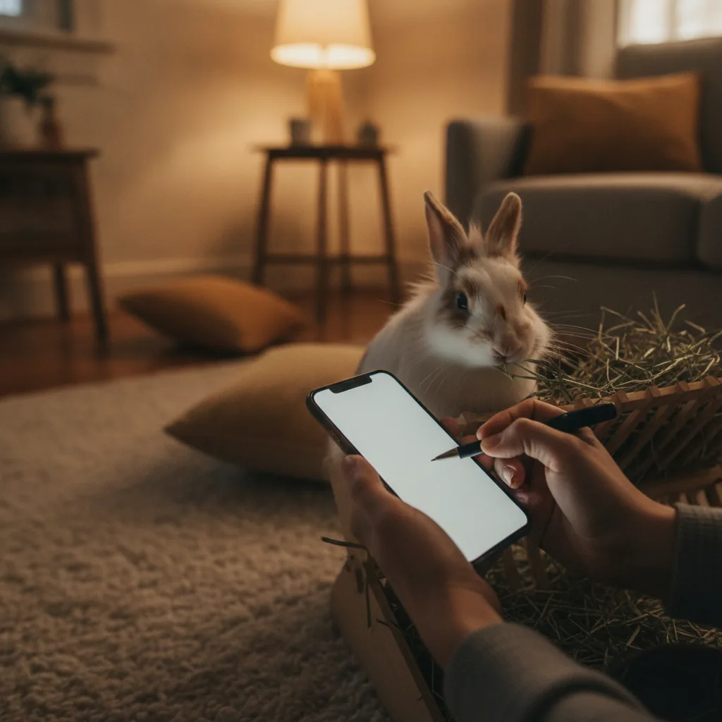牧草を食べるうさぎの手前でスマートフォンに記録している手元