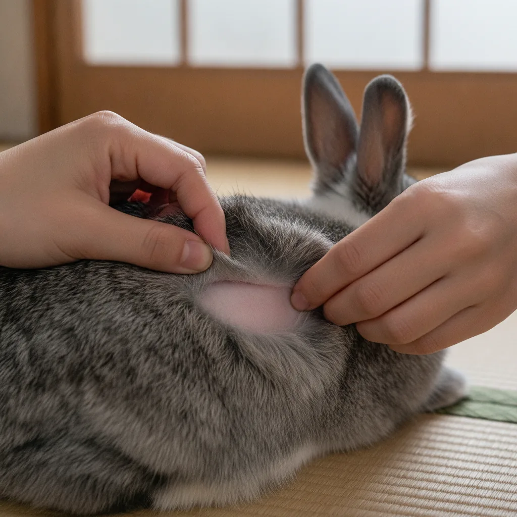 うさぎの背中の毛をかき分けて皮膚の状態を見ている様子