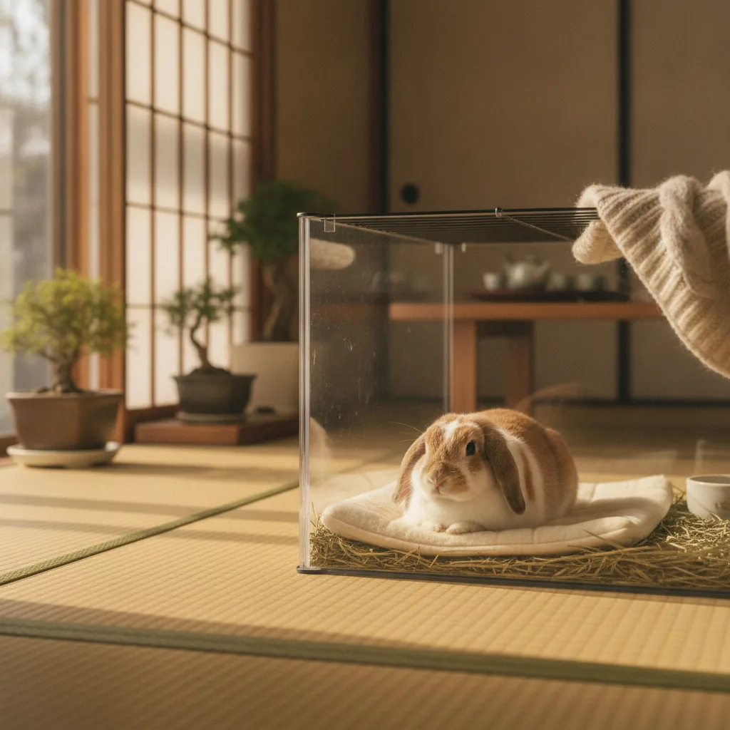 ケージの中でペット用ヒーターの上にくつろぐホーランドロップ